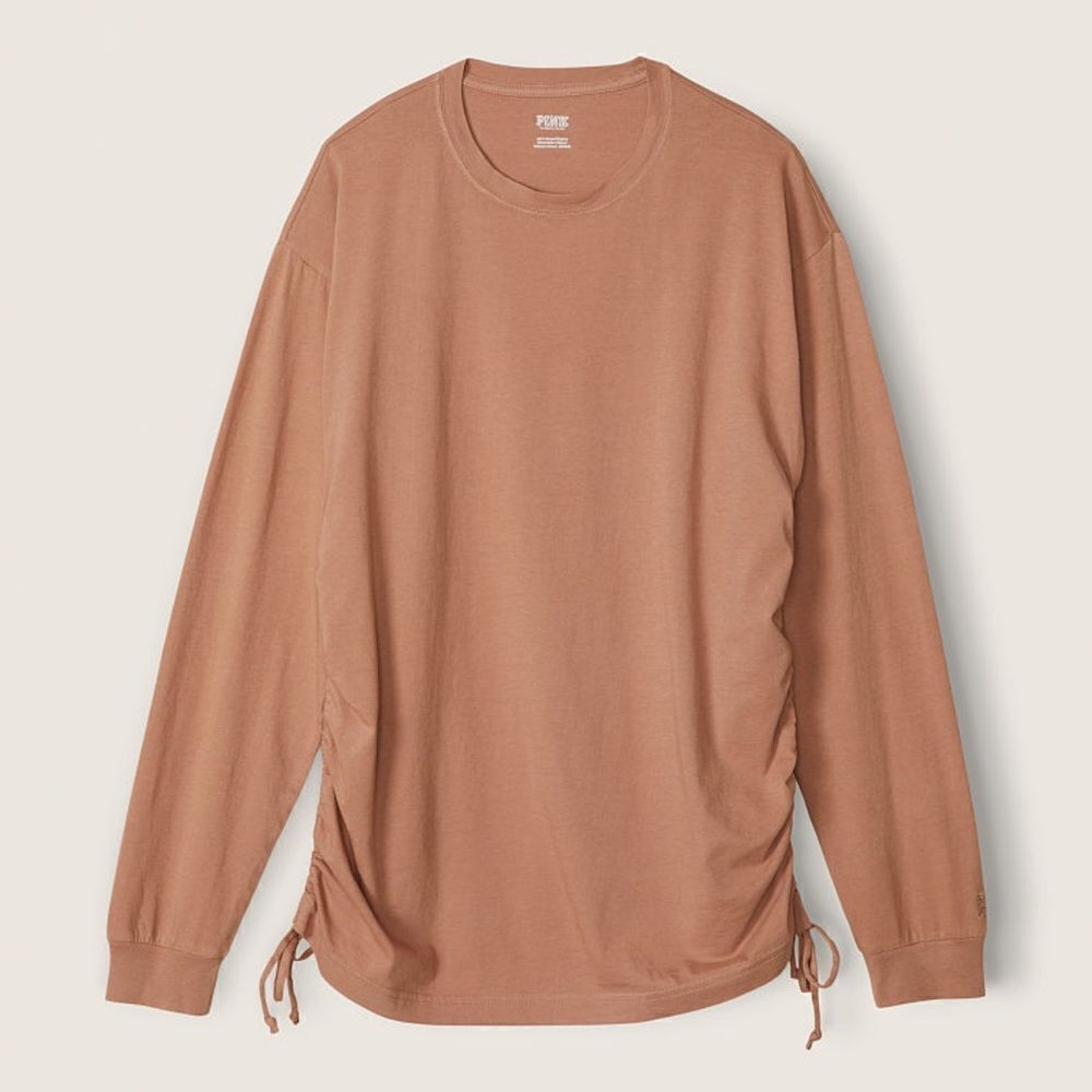 Victorias Secret Pink Campus Long Sleeve Ruched Sides Cotton Tee Shirt Tan